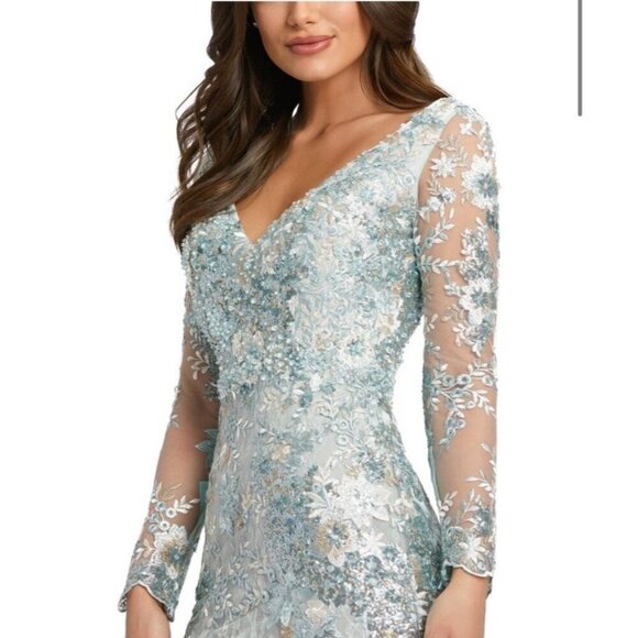 Mac Duggal Size 18 Green Embellished 67539 V-Neck Long Sleeve Formal Gown dress - Picture 2 of 13